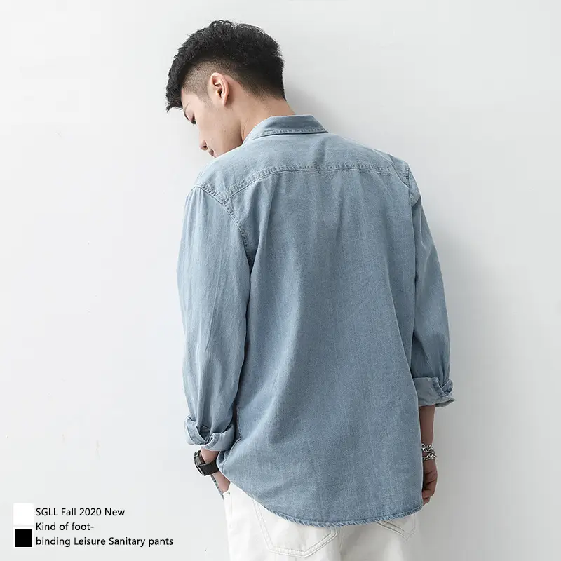 Men Denim Long Sleeve Shirt Light Blue Loose Fit - Image 6