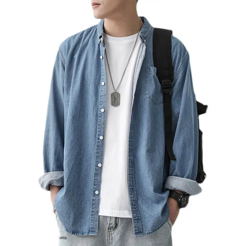Men Denim Long Sleeve Shirt Light Blue Loose Fit - Image 7