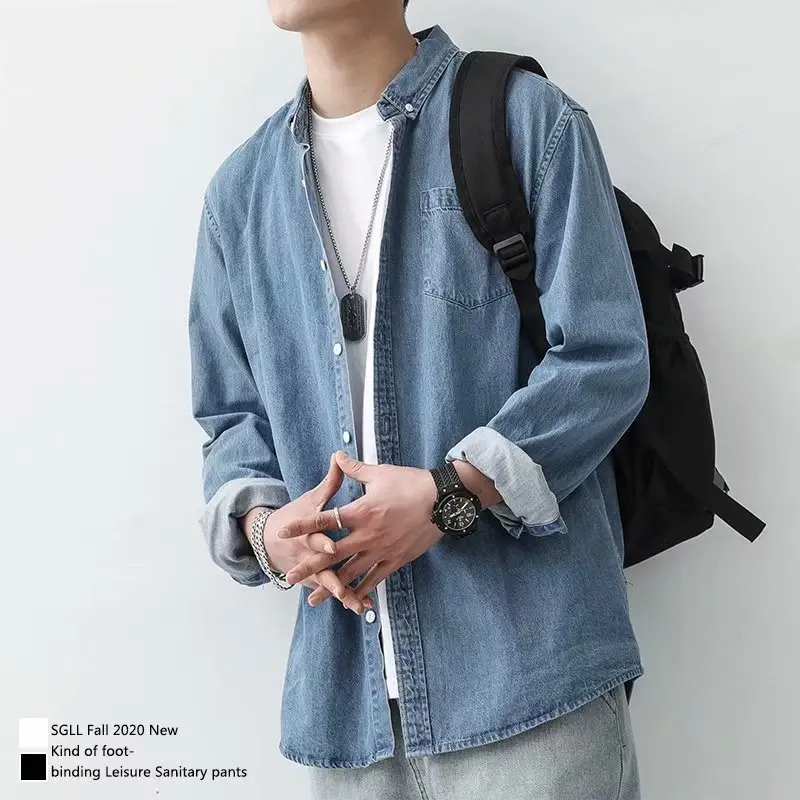 Men Denim Long Sleeve Shirt Light Blue Loose Fit - Image 2