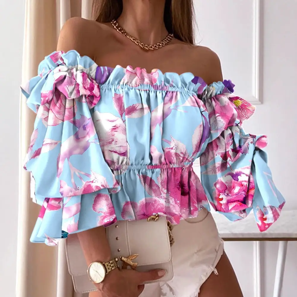 2021 Colorful Striped Off-Shoulder Top with Ruffled Sleeves - Image 11