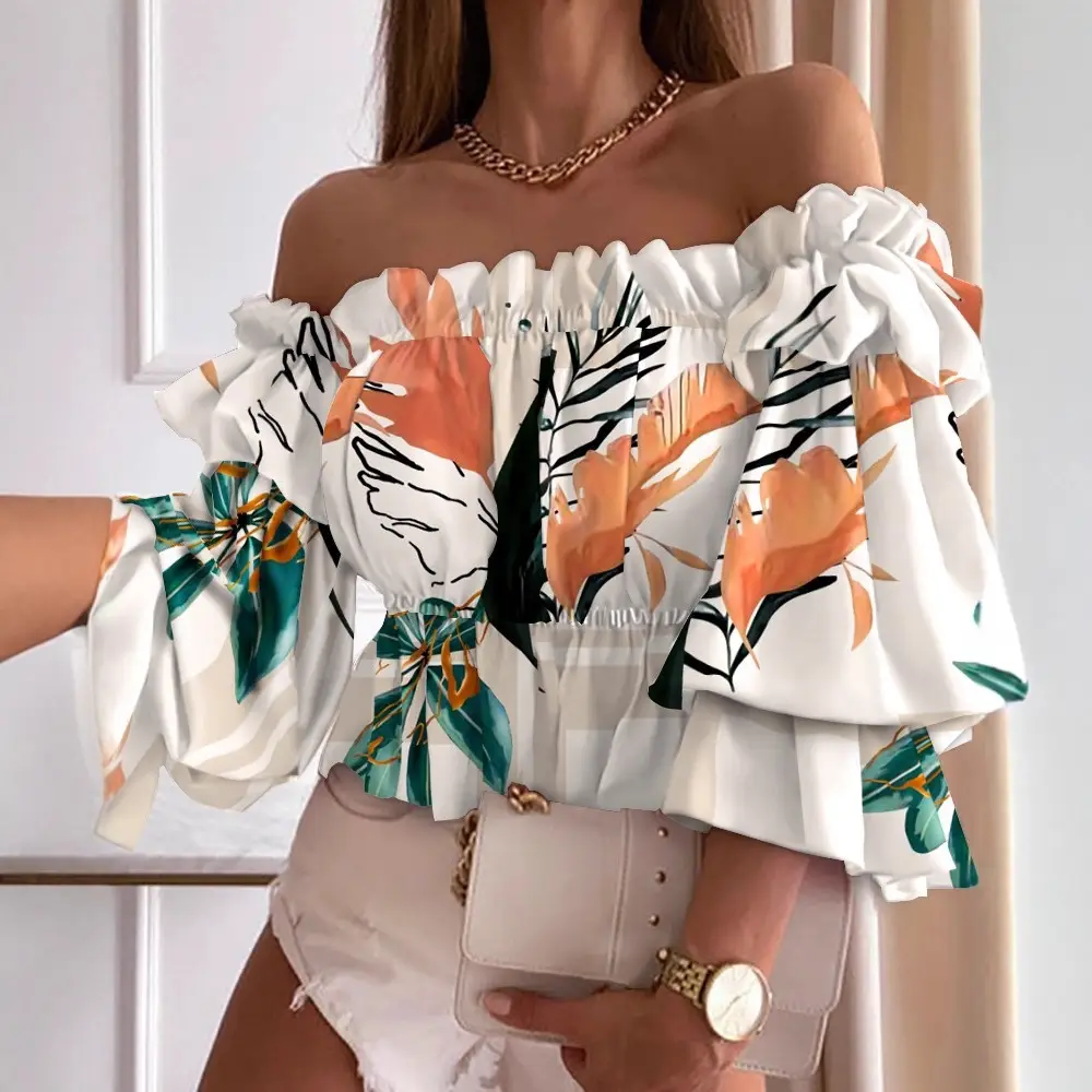 2021 Colorful Striped Off-Shoulder Top with Ruffled Sleeves - Image 13
