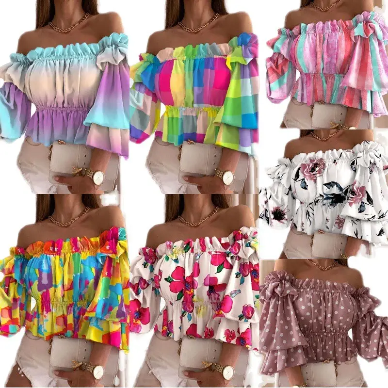 2021 Colorful Striped Off-Shoulder Top with Ruffled Sleeves - Image 14