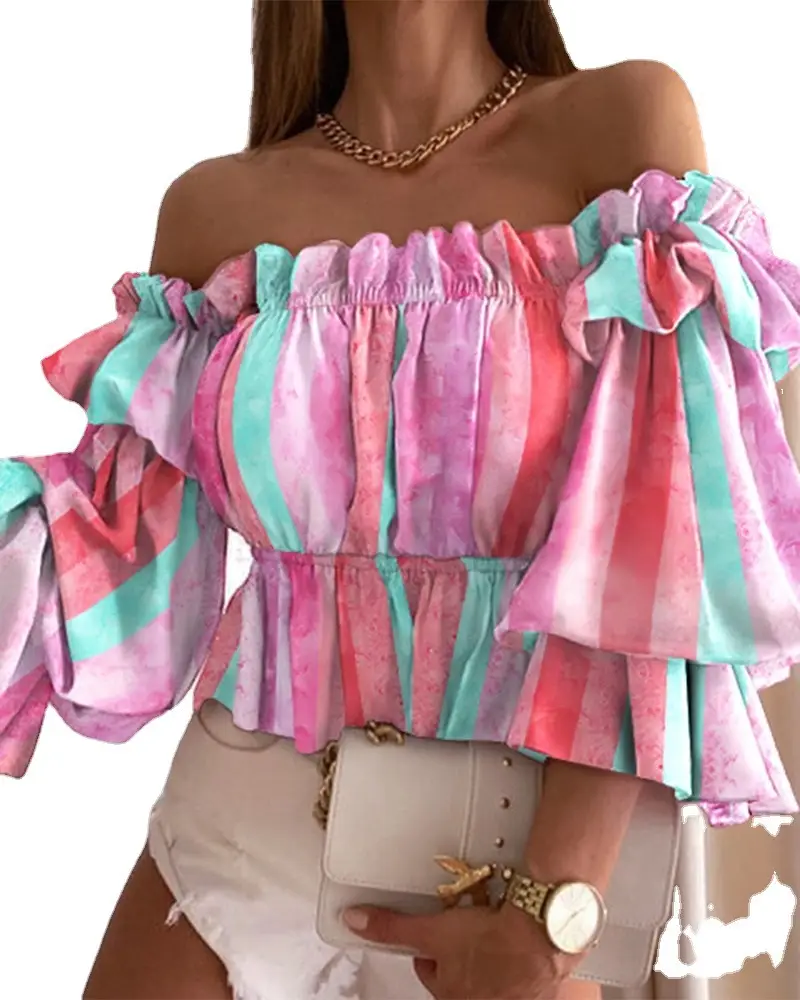 2021 Colorful Striped Off-Shoulder Top with Ruffled Sleeves - Image 3
