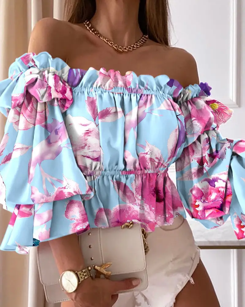 2021 Colorful Striped Off-Shoulder Top with Ruffled Sleeves - Image 6