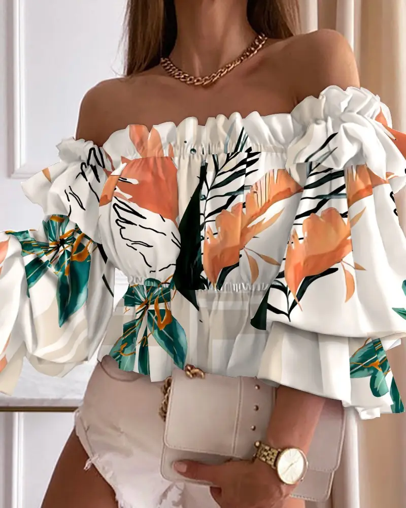 2021 Colorful Striped Off-Shoulder Top with Ruffled Sleeves - Image 7