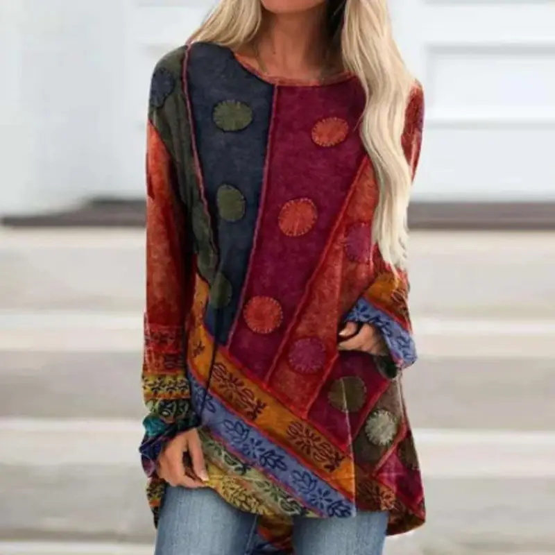 Printed Loose Long Sleeve T-Shirt Plus Size Ethnic Pattern — feature 3