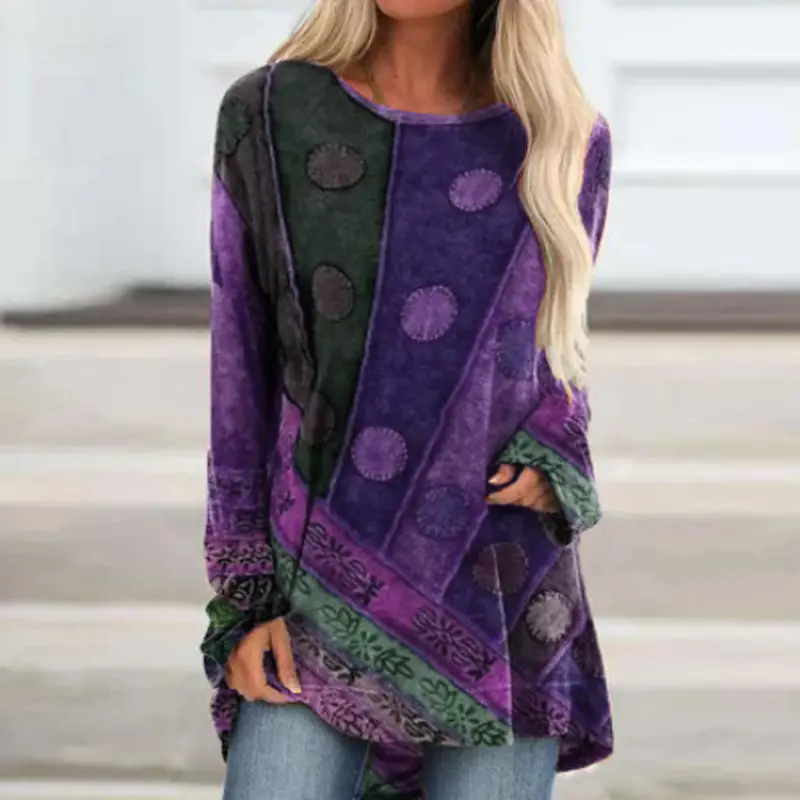Printed Loose Long Sleeve T-Shirt Plus Size Ethnic Pattern - Image 2