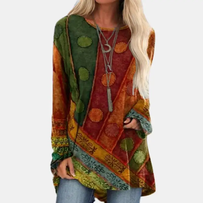 Printed Loose Long Sleeve T-Shirt Plus Size Ethnic Pattern - Image 4