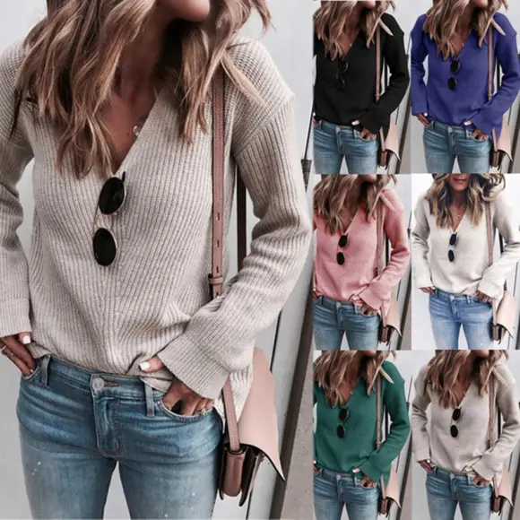 2026 V-Neck Knitted Women's Sweater Beige — feature 19