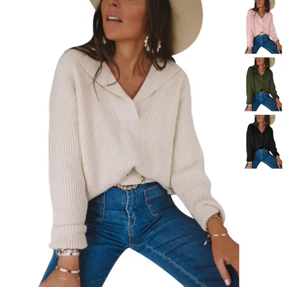 2026 V-Neck Knitted Women's Sweater Beige — feature 20