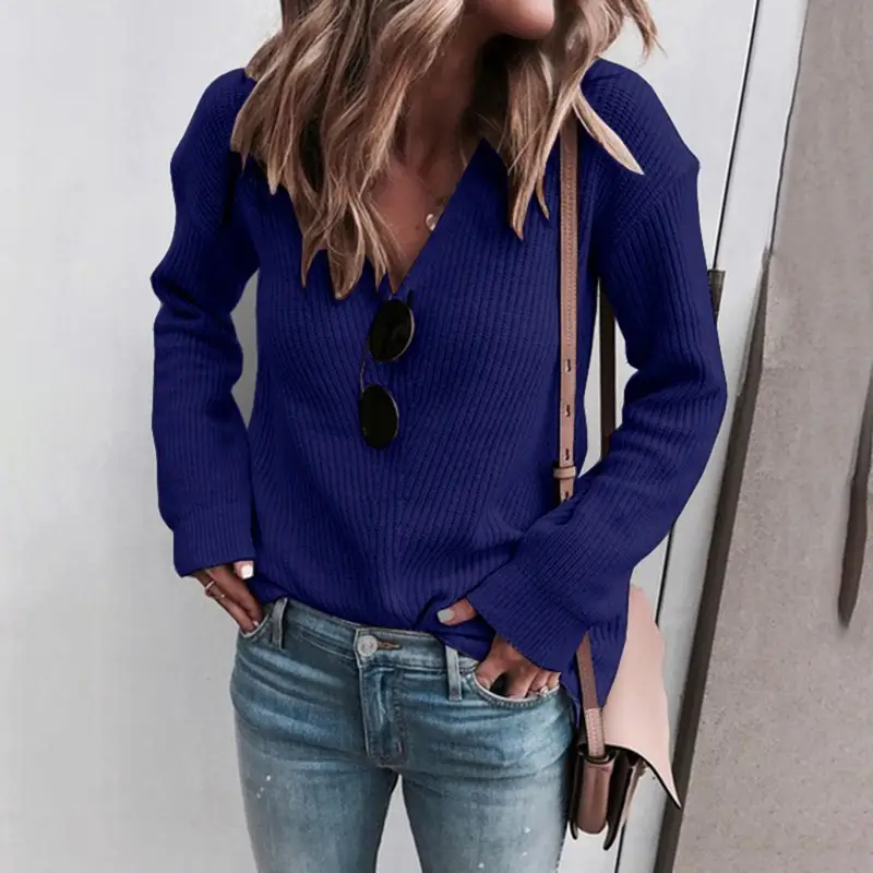 2026 V-Neck Knitted Women's Sweater Beige - Image 3
