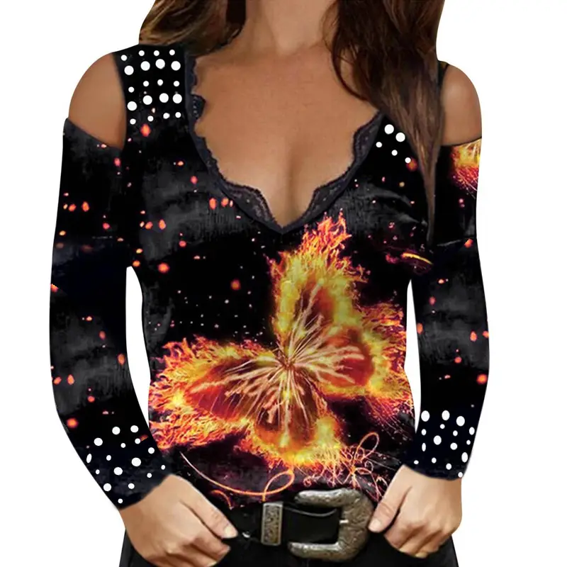 2022 Long Sleeve Printed V-Neck Lace Top - Image 18