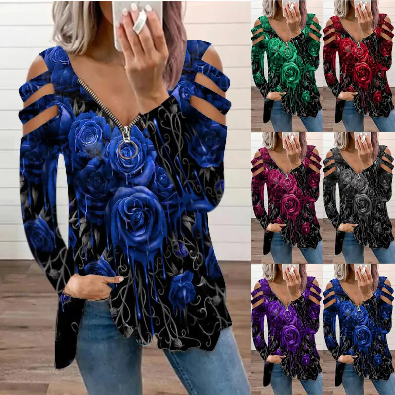 2022 Long Sleeve Printed V-Neck Lace Top — feature 8