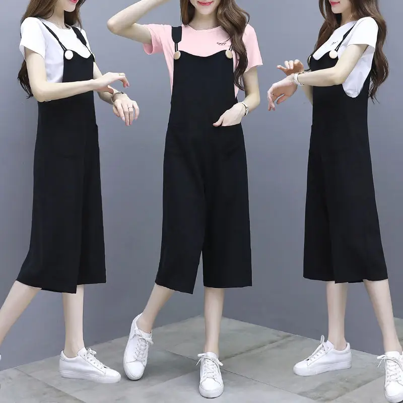 Women Black Strap Wide Leg Pants Suit Large - Image 4