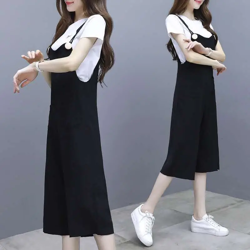 Women Black Strap Wide Leg Pants Suit Large - Image 6