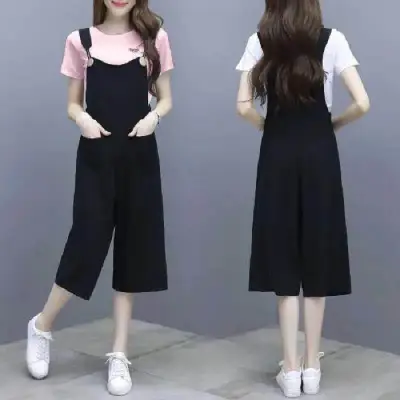 Women Black Strap Wide Leg Pants Suit Large - Image 2