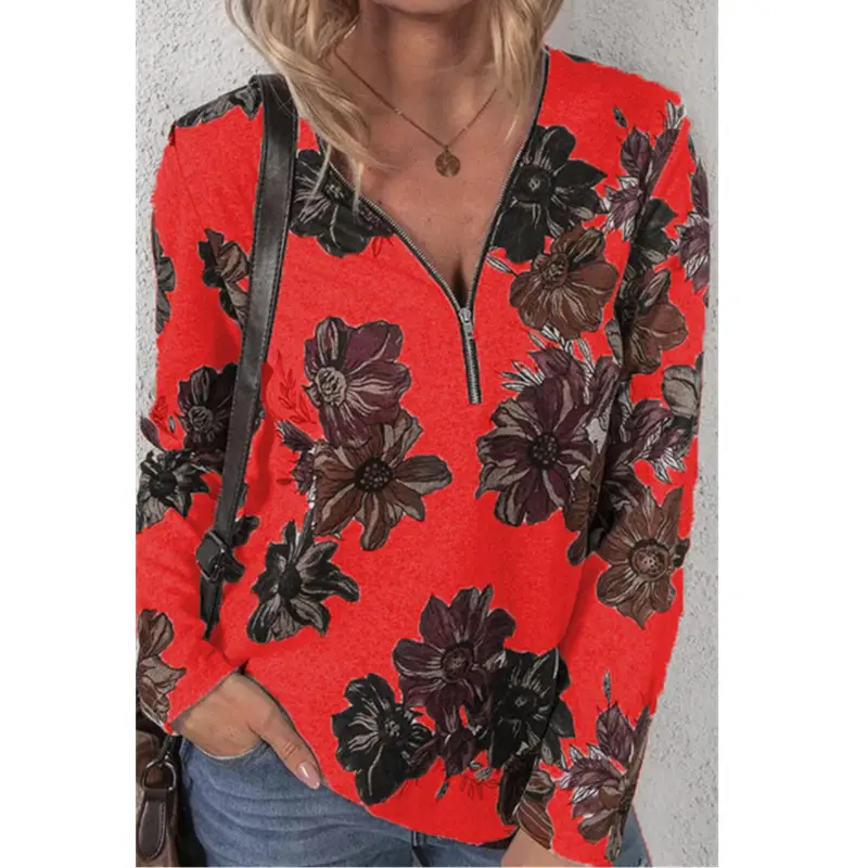 Women's Orange Floral Zipper Pullover Top - Image 2