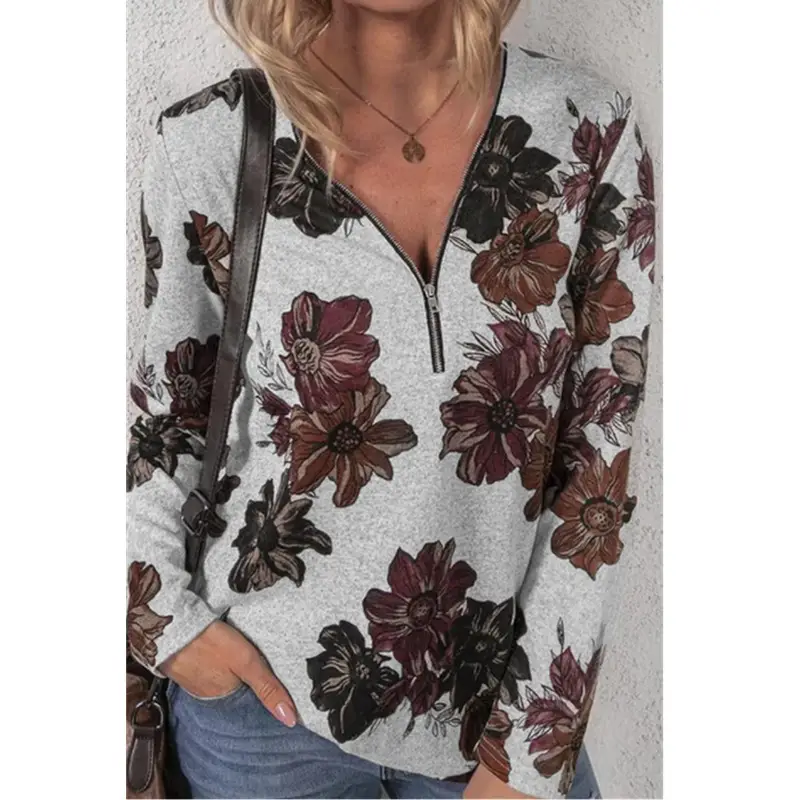Women's Orange Floral Zipper Pullover Top - Image 6