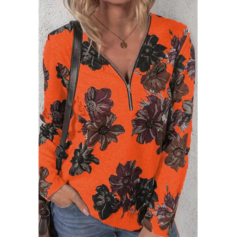 Women's Orange Floral Zipper Pullover Top - Image 5
