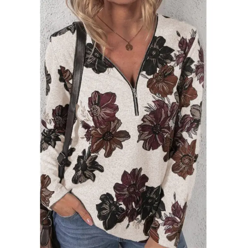 Women's Orange Floral Zipper Pullover Top - Image 3