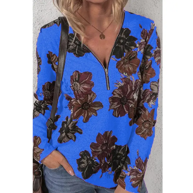 Women's Orange Floral Zipper Pullover Top - Image 4