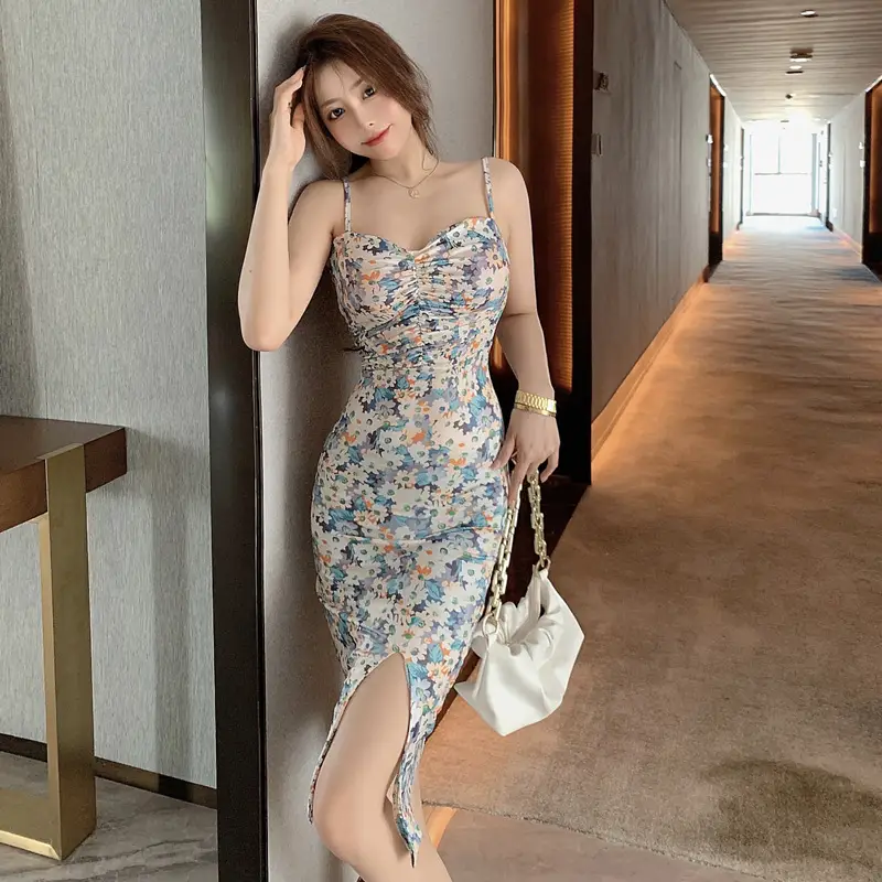 2023 Blue Floral Strap Hip Slim Fit Dress for Petite Women - Image 4