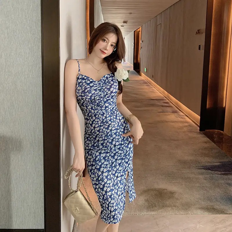 2023 Blue Floral Strap Hip Slim Fit Dress for Petite Women — feature 10