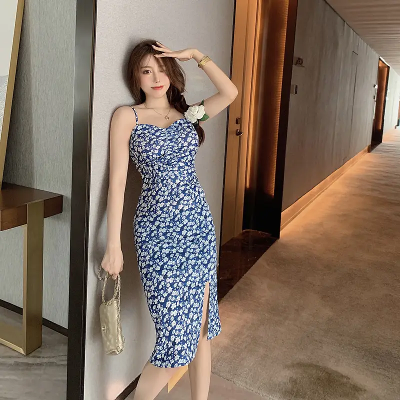 2023 Blue Floral Strap Hip Slim Fit Dress for Petite Women — feature 11