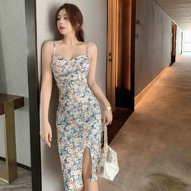 2023 Blue Floral Strap Hip Slim Fit Dress for Petite Women — feature 13