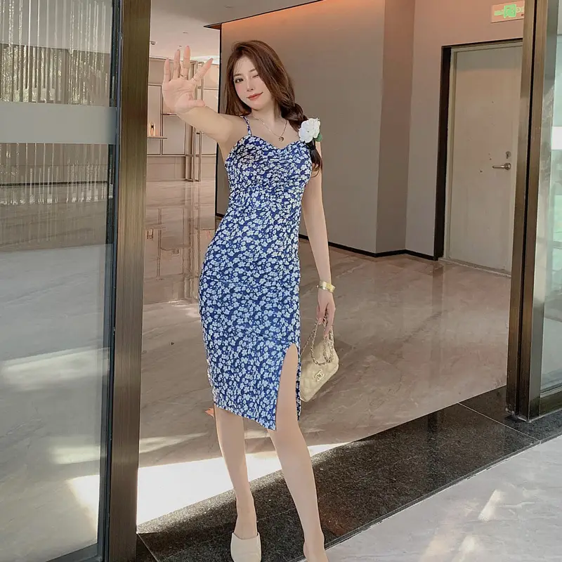 2023 Blue Floral Strap Hip Slim Fit Dress for Petite Women — feature 14