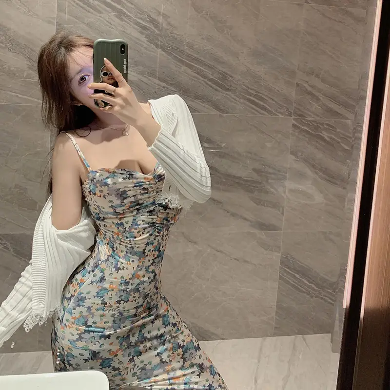 2023 Blue Floral Strap Hip Slim Fit Dress for Petite Women — feature 21