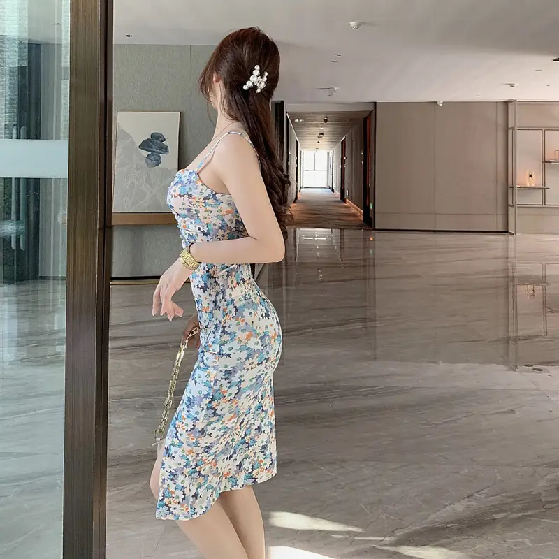 2023 Blue Floral Strap Hip Slim Fit Dress for Petite Women — feature 22