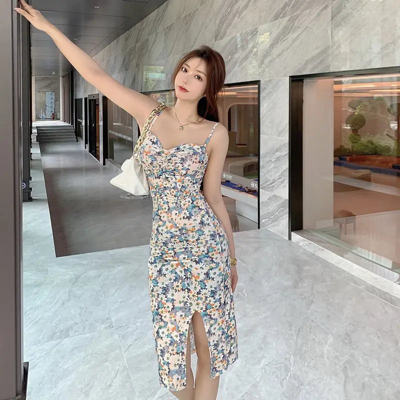 2023 Blue Floral Strap Hip Slim Fit Dress for Petite Women — feature 23