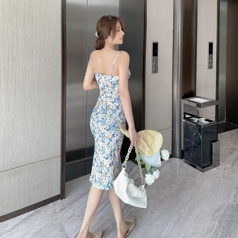 2023 Blue Floral Strap Hip Slim Fit Dress for Petite Women — feature 24