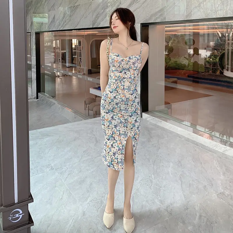 2023 Blue Floral Strap Hip Slim Fit Dress for Petite Women — feature 4