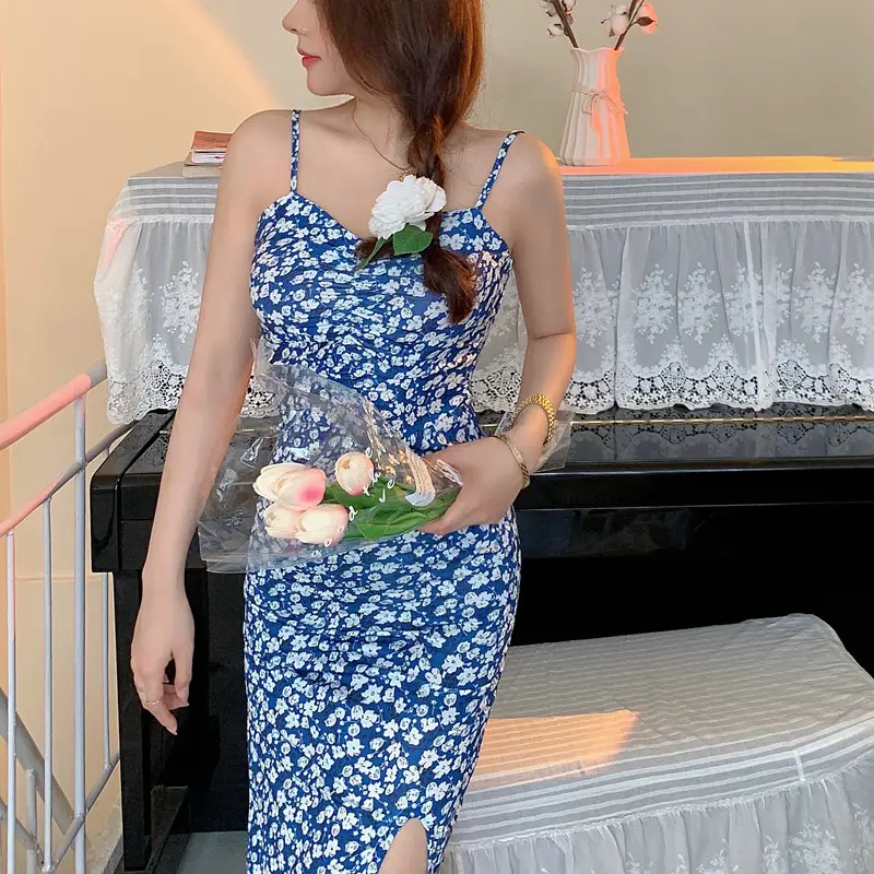 2023 Blue Floral Strap Hip Slim Fit Dress for Petite Women — feature 5