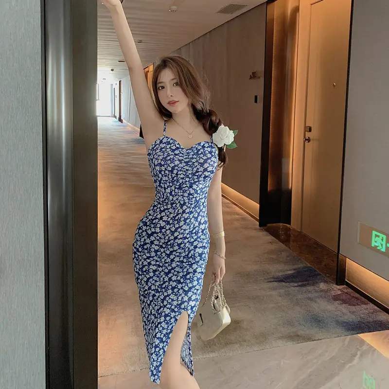 2023 Blue Floral Strap Hip Slim Fit Dress for Petite Women — feature 9