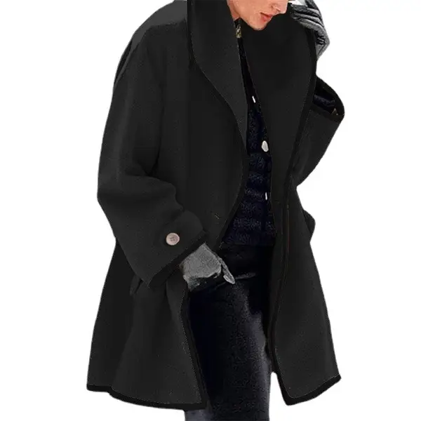 2021 Hooded Woolen Women's Coat Beige Black Trim - Image 9