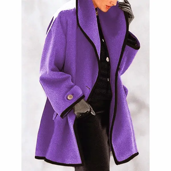 2021 Hooded Woolen Women's Coat Beige Black Trim - Image 3