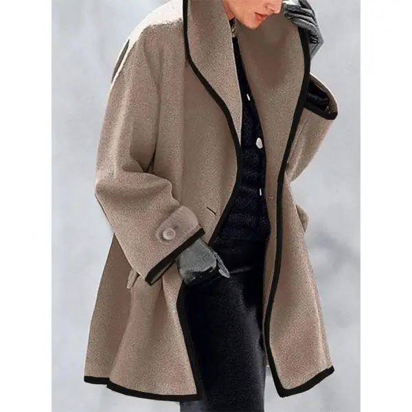 2021 Hooded Woolen Women's Coat Beige Black Trim - Image 6