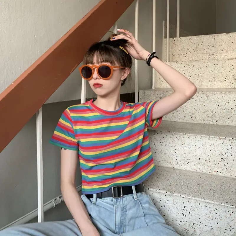 Women Rainbow Stripes Short Sleeve T-Shirt Top - Image 3
