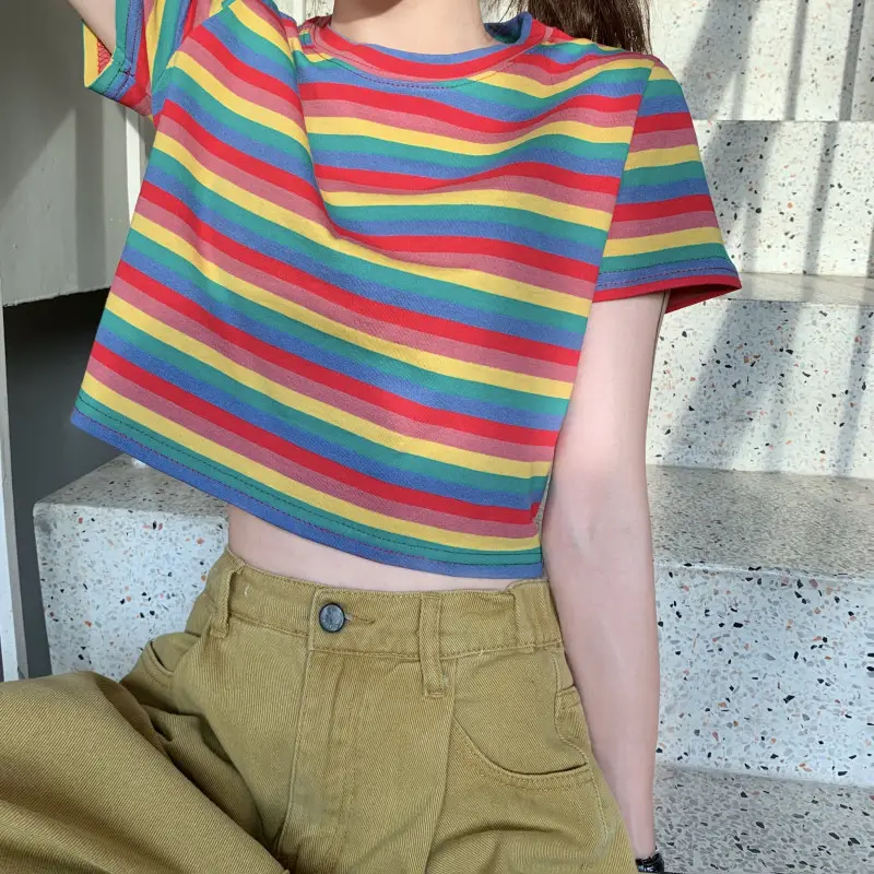 Women Rainbow Stripes Short Sleeve T-Shirt Top - Image 5