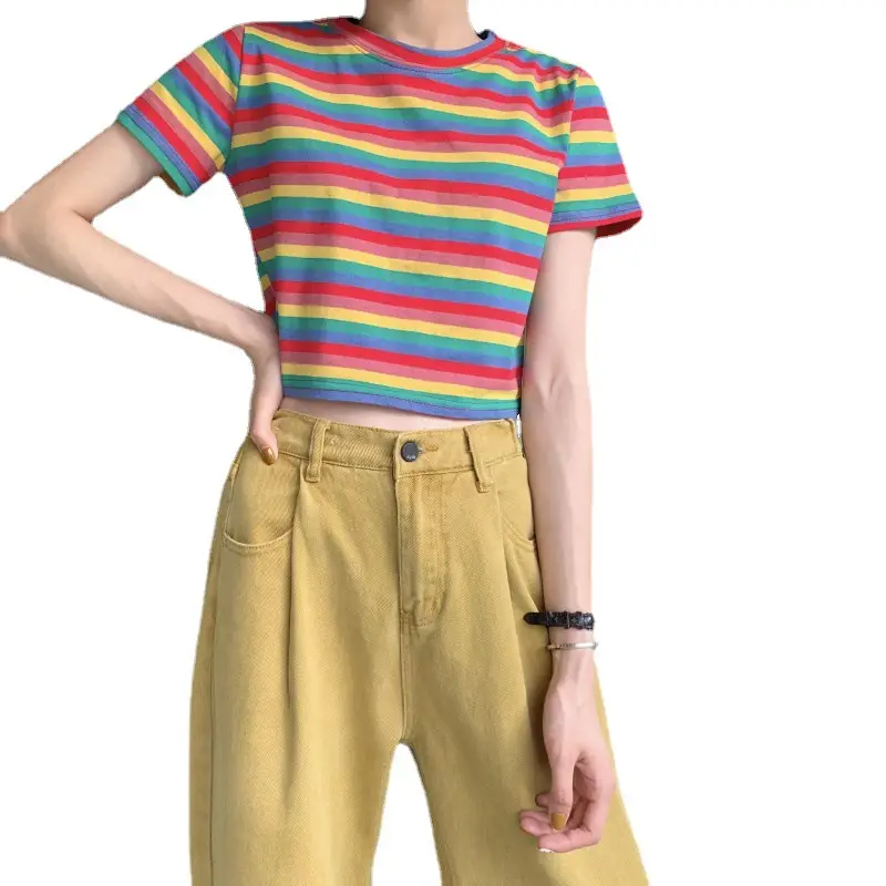 Women Rainbow Stripes Short Sleeve T-Shirt Top - Image 6