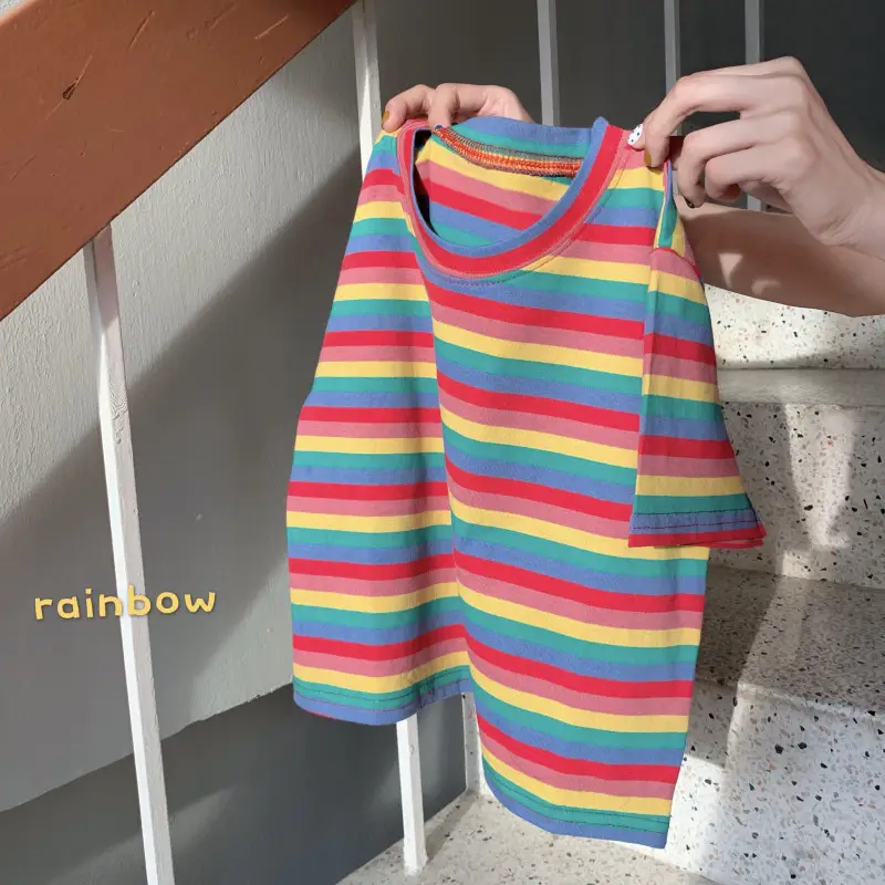 Women Rainbow Stripes Short Sleeve T-Shirt Top — feature 10