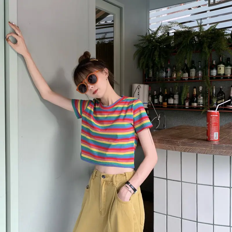 Women Rainbow Stripes Short Sleeve T-Shirt Top — feature 11