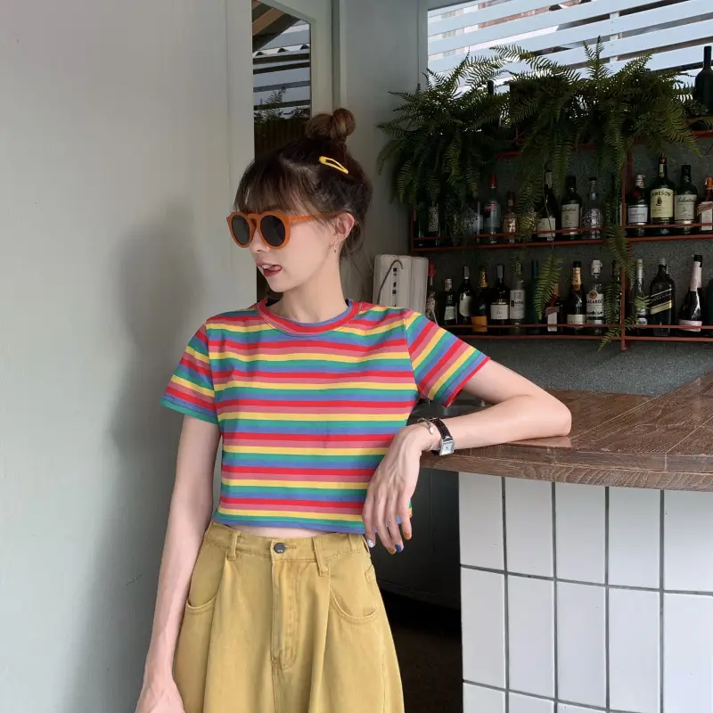 Women Rainbow Stripes Short Sleeve T-Shirt Top — feature 12