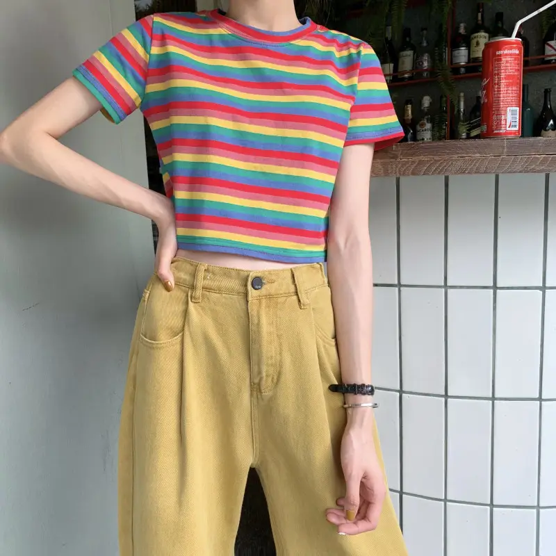 Women Rainbow Stripes Short Sleeve T-Shirt Top — feature 13
