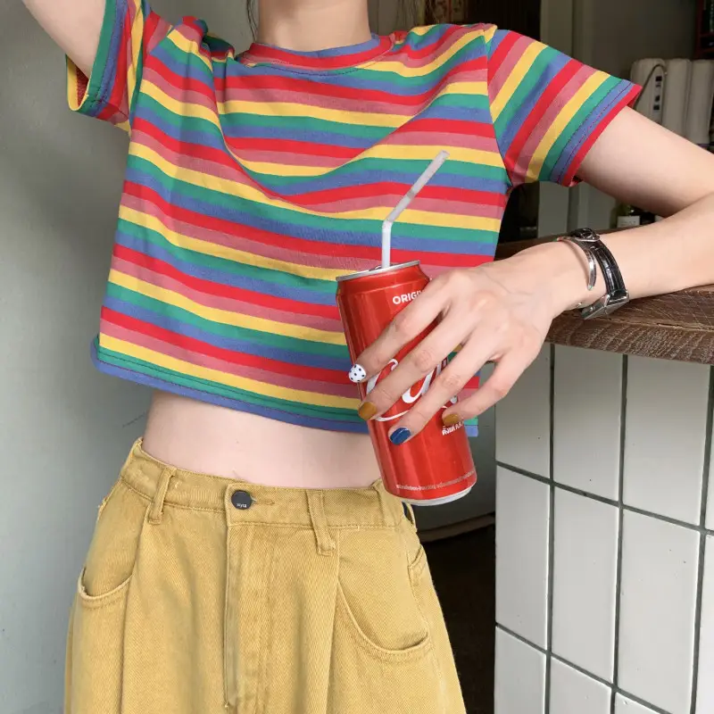 Women Rainbow Stripes Short Sleeve T-Shirt Top — feature 14