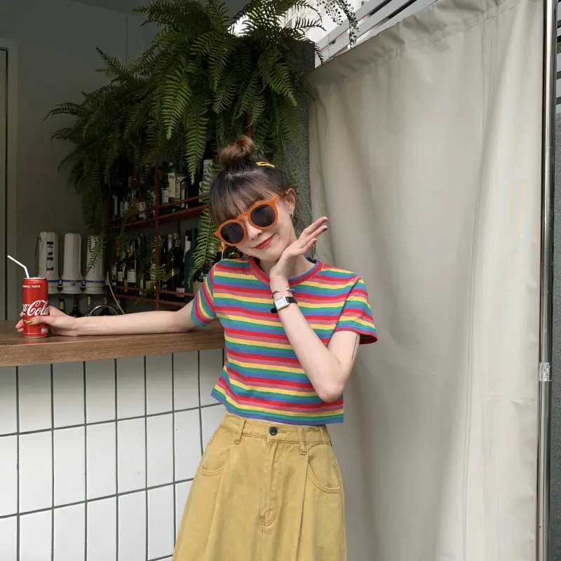 Women Rainbow Stripes Short Sleeve T-Shirt Top — feature 15
