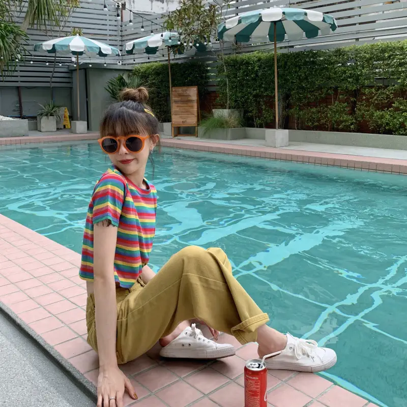 Women Rainbow Stripes Short Sleeve T-Shirt Top — feature 17